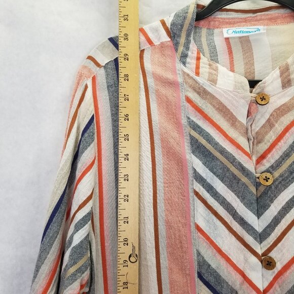 National Linen Tunic L Button Up Camp Shirt Chevron Mandarin Collar Wood Button - Picture 13 of 16